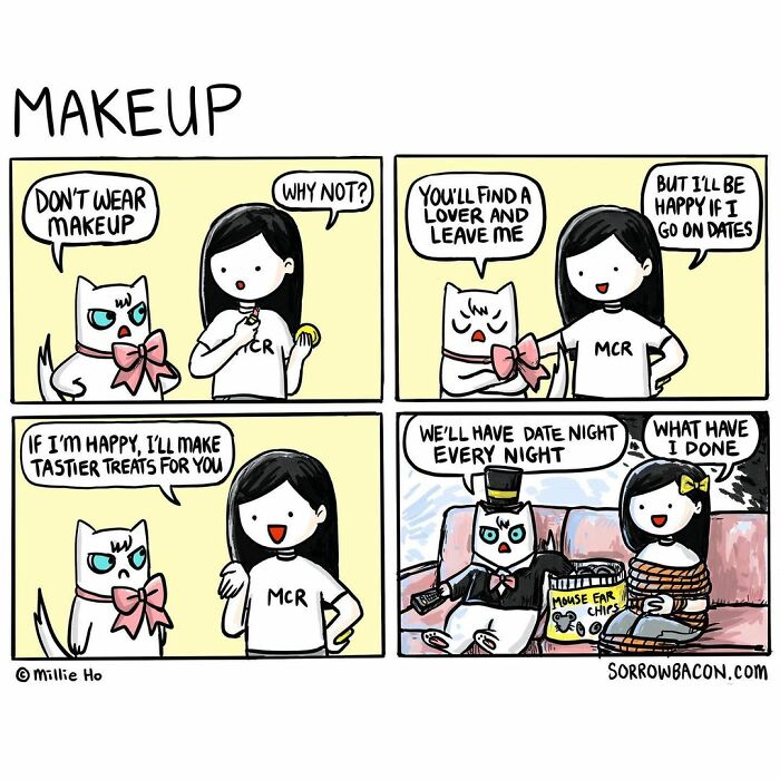 Comic strip about life's random things featuring a girl and a cat with funny twists by Sorrowbacon.