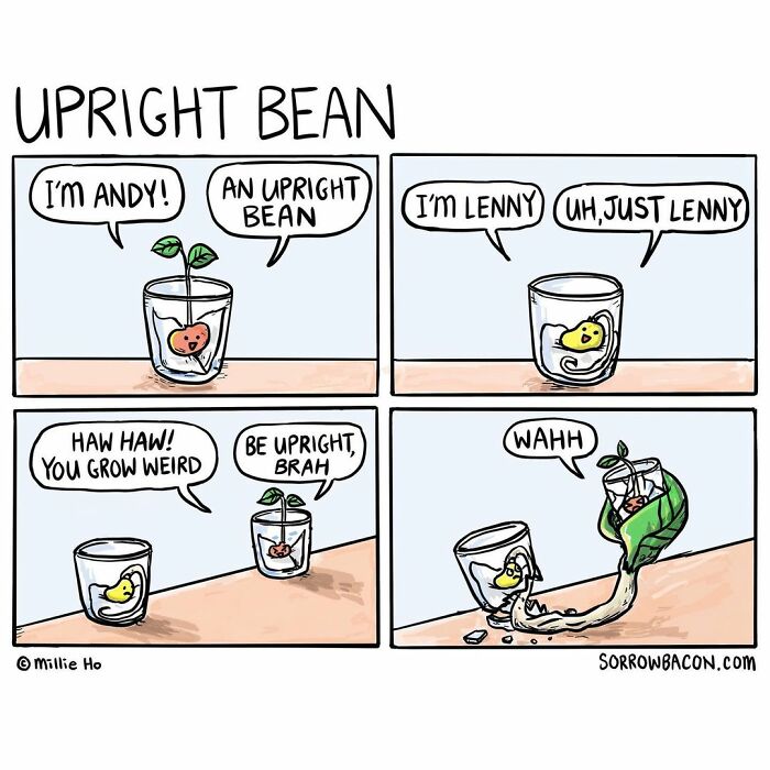 Comic strip featuring an upright bean and a seed with funny twists illustrating life’s random things in a humorous style.