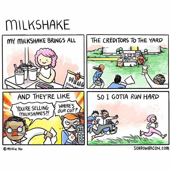 Comic strip about life's random things featuring a funny twist with characters chasing after a woman selling milkshakes.