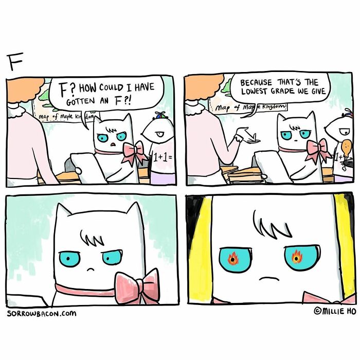 Comic strip featuring a cat character reacting to an unexpected grade in a humorous life comic by Sorrowbacon.