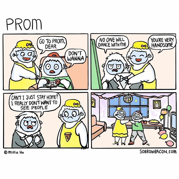 Comic about prom with funny twists showing characters discussing going out and dancing, capturing life's random moments humorously.