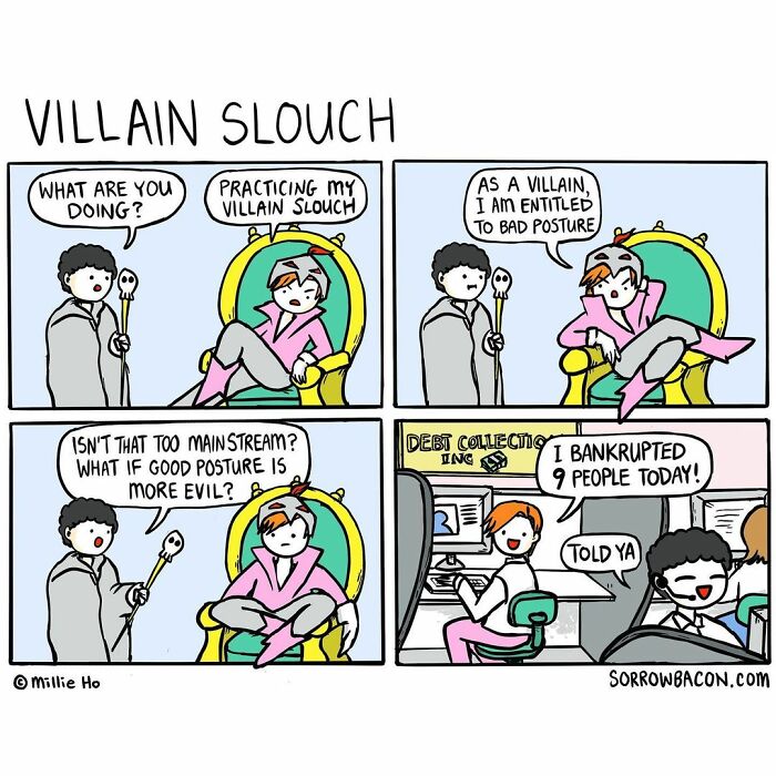 Comic strip about life's random things showing a villain practicing bad posture with a funny twist in the story.