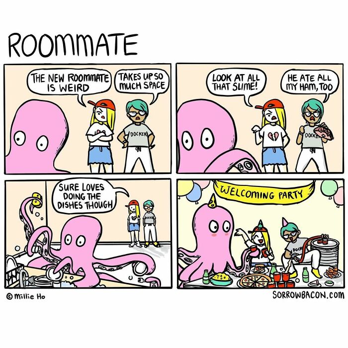 Comic about life's random things featuring funny twists with a quirky pink octopus as a new roommate.