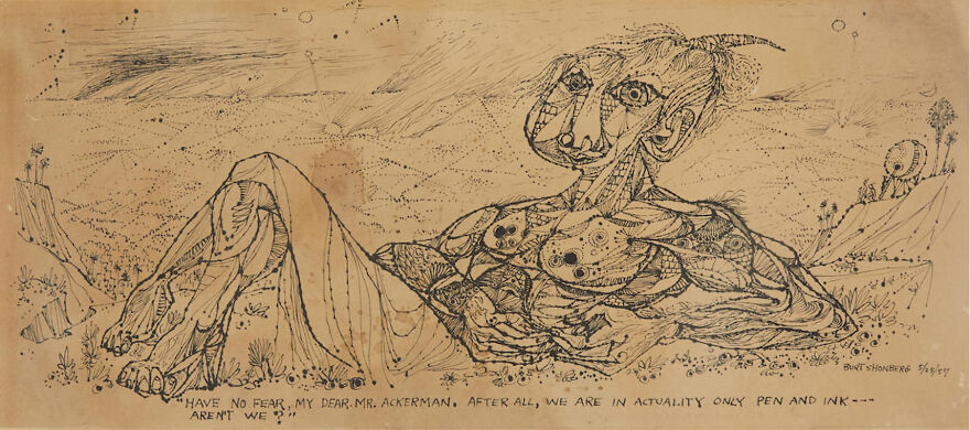 Burt Shonberg "Have No Fear, My Dear Mr. Ackerman. After All, We Are In Actuality Only Pen And Ink---Aren't We?" 1957 Ink On Paper 8.75 X 18.75 In