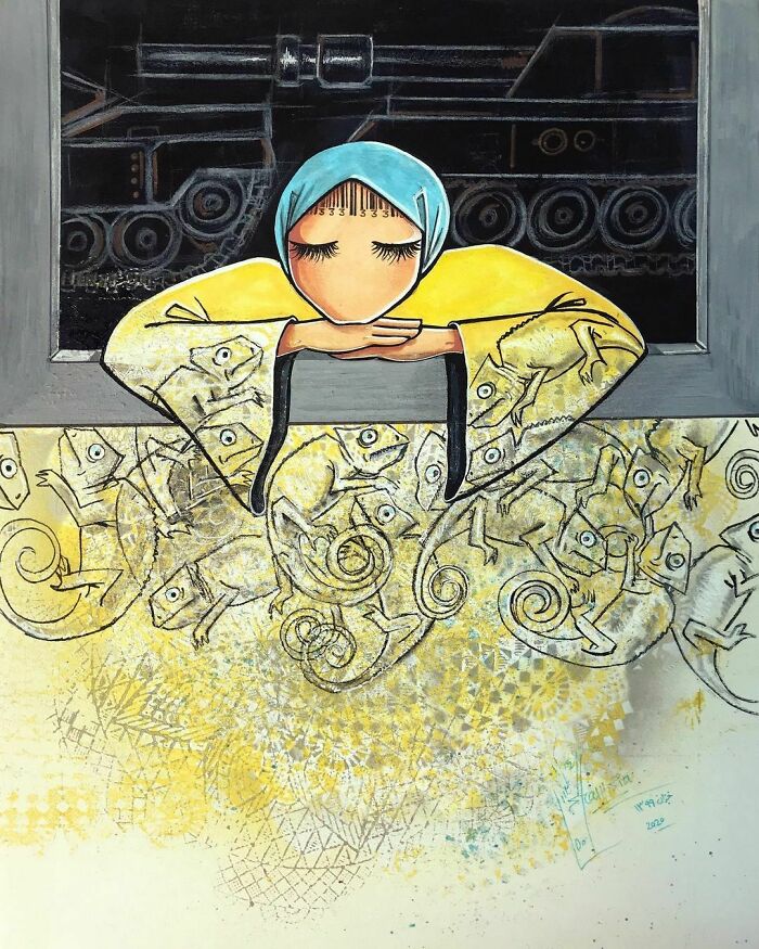 And Done!
series: Identity/ هويت
as I Remember I Hid My Identity To Avoid Any Mistreatment By Others For My Identity And Nationality. To Avoid Harm Or At Least Reduce The Amount Of It.
when We Were Immigrants In Iran, We Dressed Like Iranians And Spoke In Their Accent. We Were Very Happy That No One Understood That We Were Afghans, But We Had A Strange Feeling In Our Hearts, Even Though We Had Not Sinned, We Were Still Scared. Whenever We Found Ourselves In The Same Colors As The Crowd Around Us, We Felt Safe, Just Like Chameleons Who Feel Safe By Changing Their Color To The Color Of Their Environment (Surroundings).
later When We Returned To Afghanistan, We Were Happy That The War Was Over And We Could Enjoy Living In Our Own Country Without Any Fear Of Our Identity. But After A While, War Started Again And People Rushed To Other Countries. Once Again, Each Of Us Took The Color Of Different Environments To Make A Good Life For Ourselves.
#identity #nationality #fear #chameleon #hiding #changingcolors #changinglives #spray & #acrylic #painting #artstudio #artstudiolife #colors #yellow #blue #black #window #barcode #afghan #instagram #artist #هويت #ترس #هنرمند #نقاشي