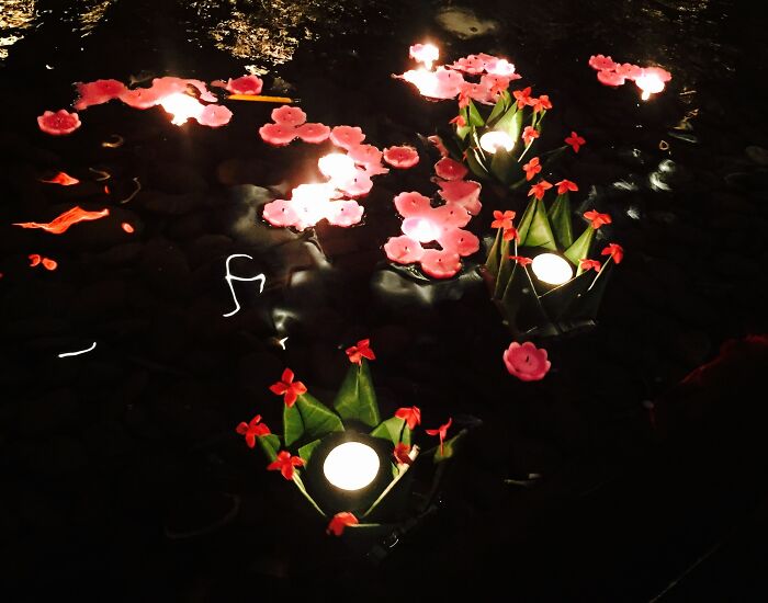 Floating Candles And Banana Leaf Lanterns At The Loy Krathong Festival.