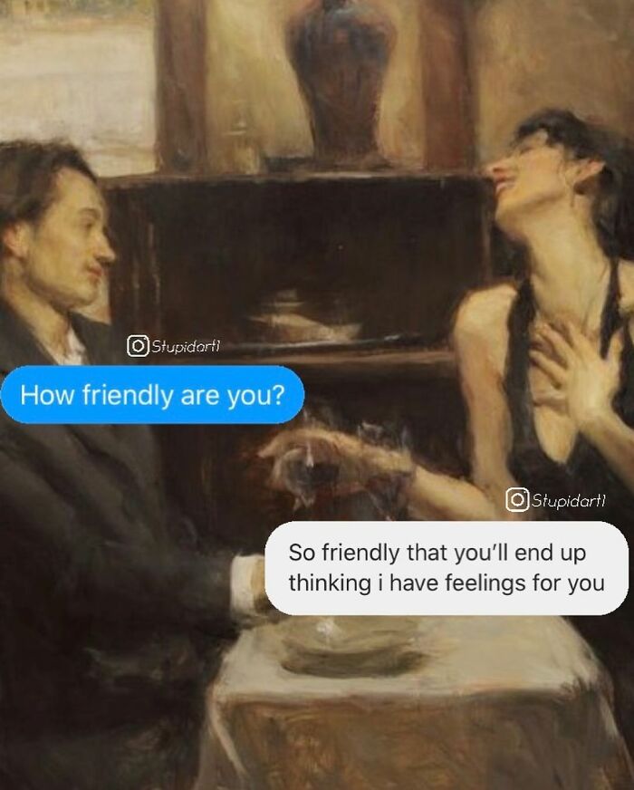 Painting of a man and woman having a deep and funny conversation with captions expressing friendliness and feelings.