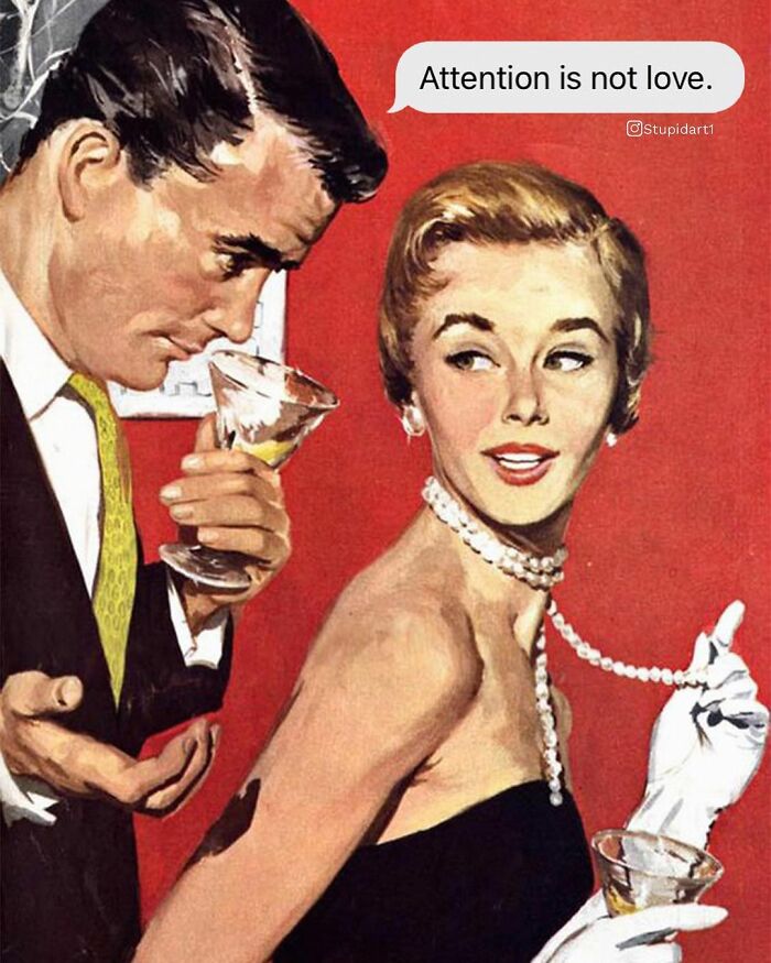 Vintage painting of a man and woman at a party with humorous caption, showcasing artist captions to paintings with a deep and funny twist.