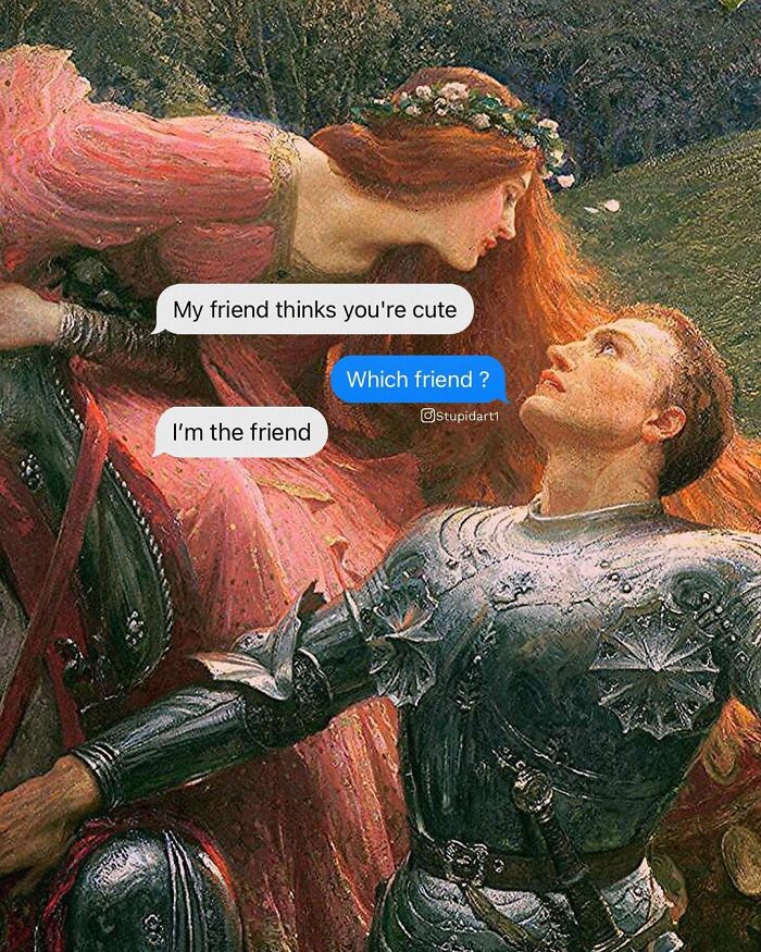 Classical painting with humorous captions added by artist, blending deep and funny elements in the artwork.