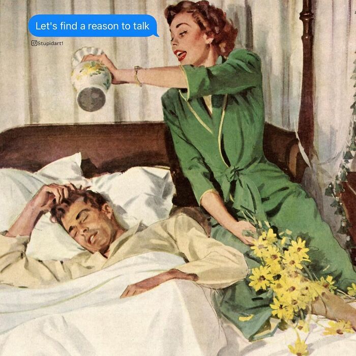 Vintage painting with humorous caption, featuring a woman pouring a drink for a tired man in bed, artist captions to paintings.