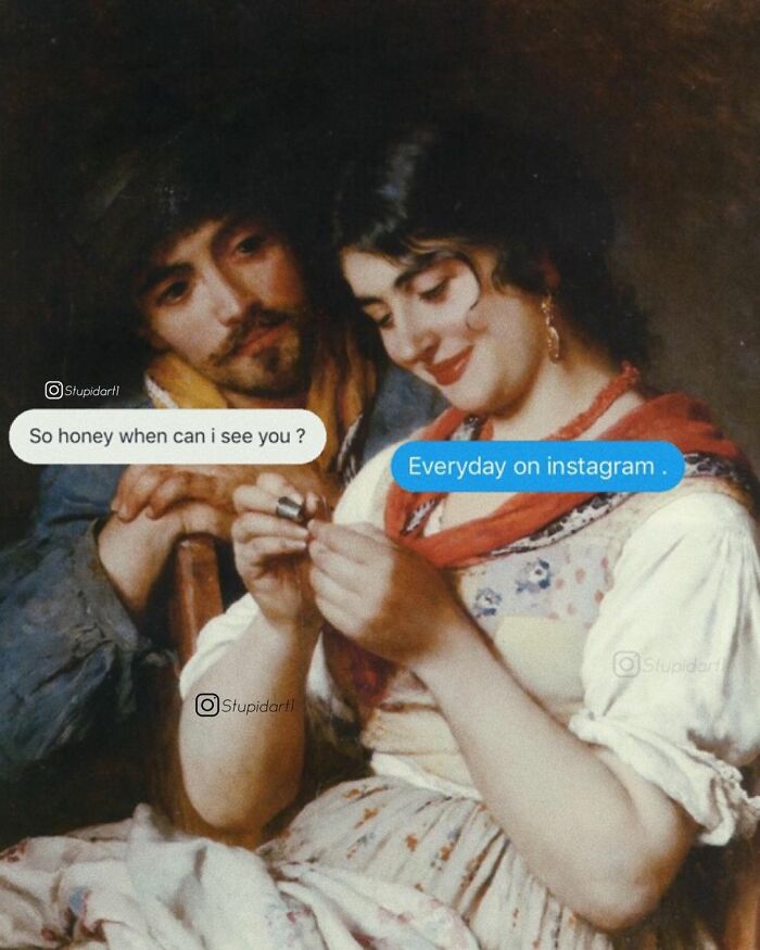 Classic painting of a couple with added funny captions, showcasing the artist giving captions to paintings humorously.