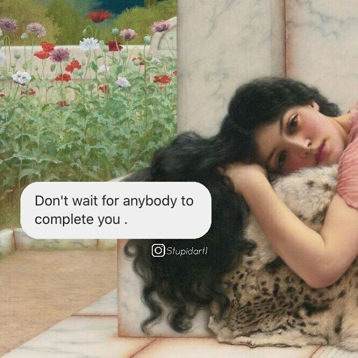 Classic painting of a woman resting on marble with deep and funny artist captions about self-completion and independence.