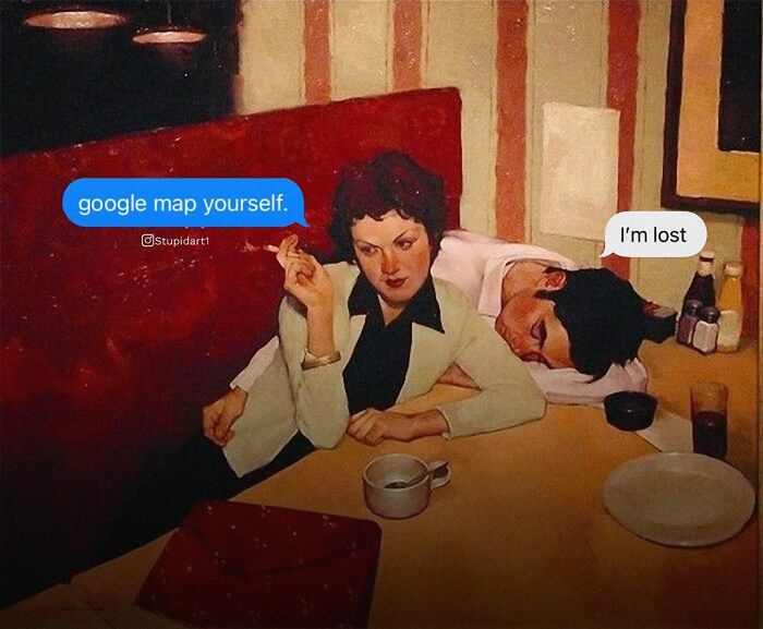 Alt text: Woman smoking and man resting in booth with humorous captions added to classic painting by artist.