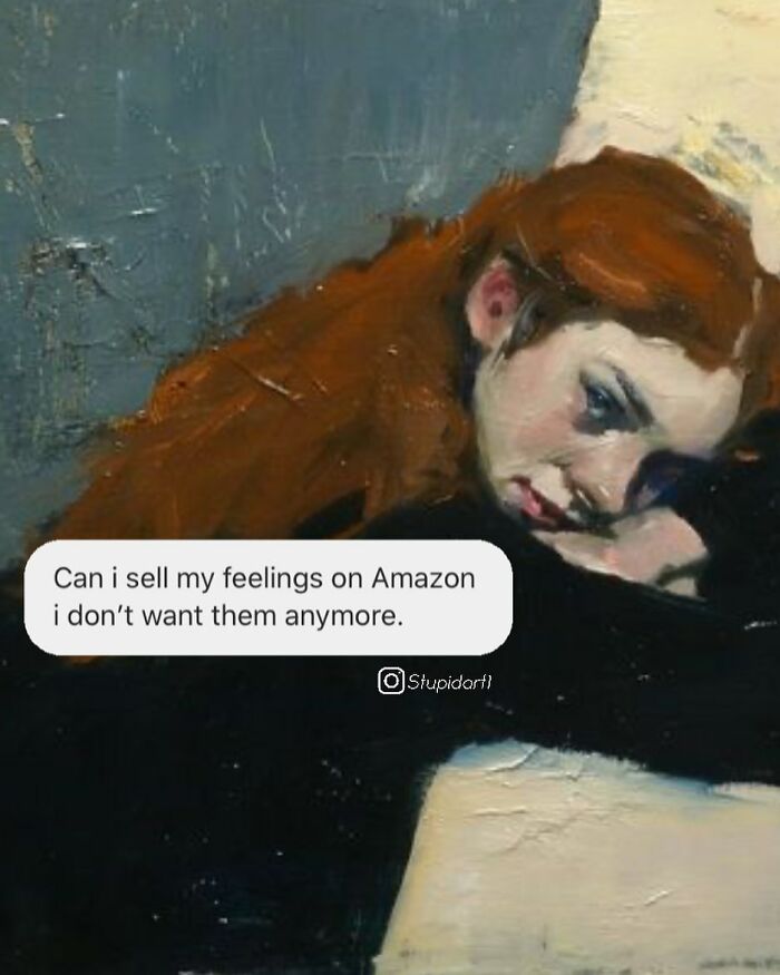 Painting with deep and funny caption about selling feelings on Amazon by artist giving captions to paintings.