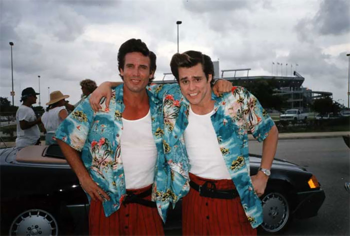 Jim Carrey With His Stunt Double On The Set Of Ace Ventura: Pet Detective (1994)