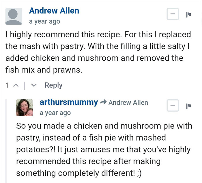 On A Recipe For Fish Pie. Love That They Got Called Out On It!