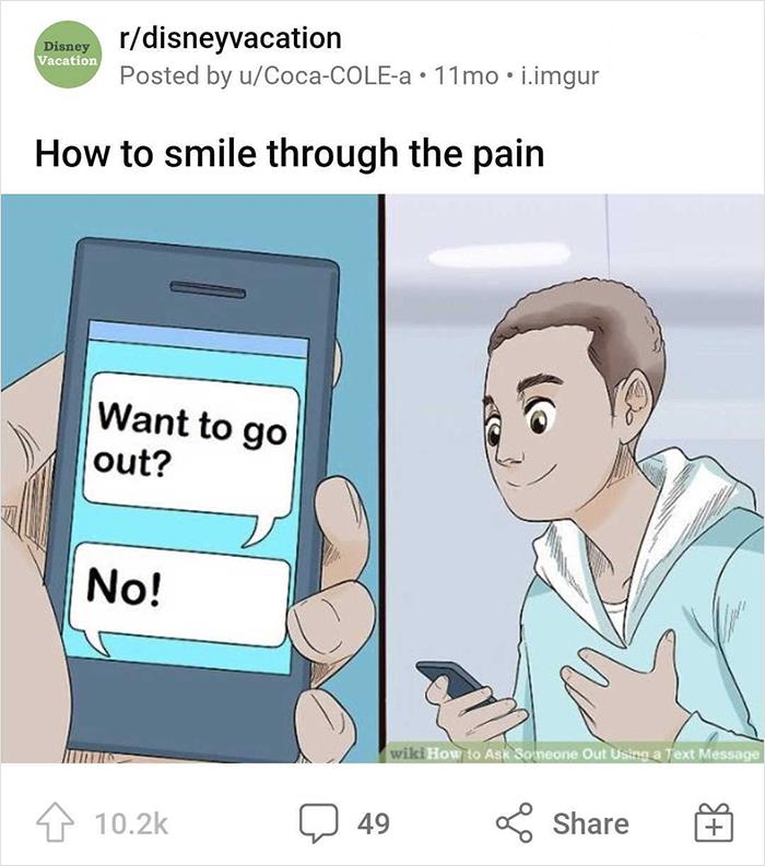 WikiHow image humor: person smiling while reading a phone message saying "Want to go out? No!"