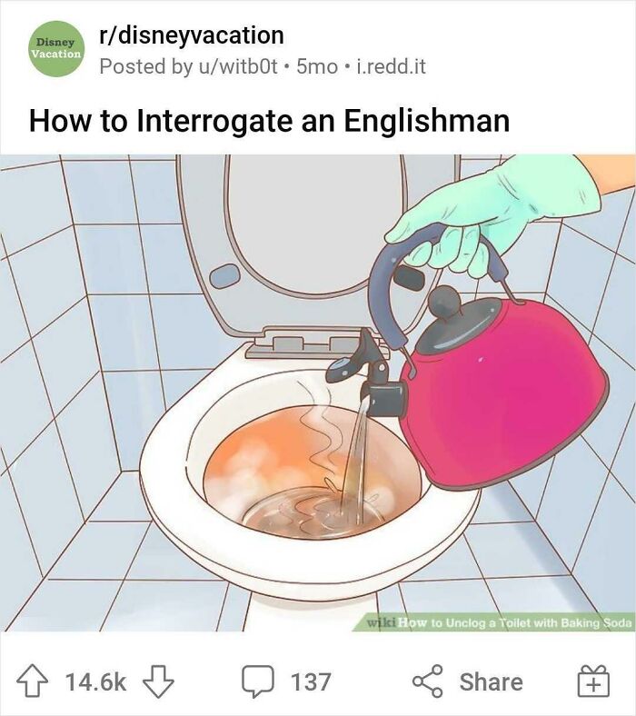 A person humorously pours tea from a kettle into a toilet, adding a funny caption to a WikiHow image.