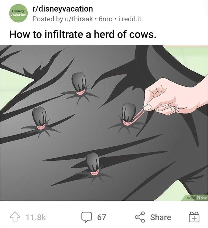 WikiHow image with a hand pulling cow costume onto a person for humor.