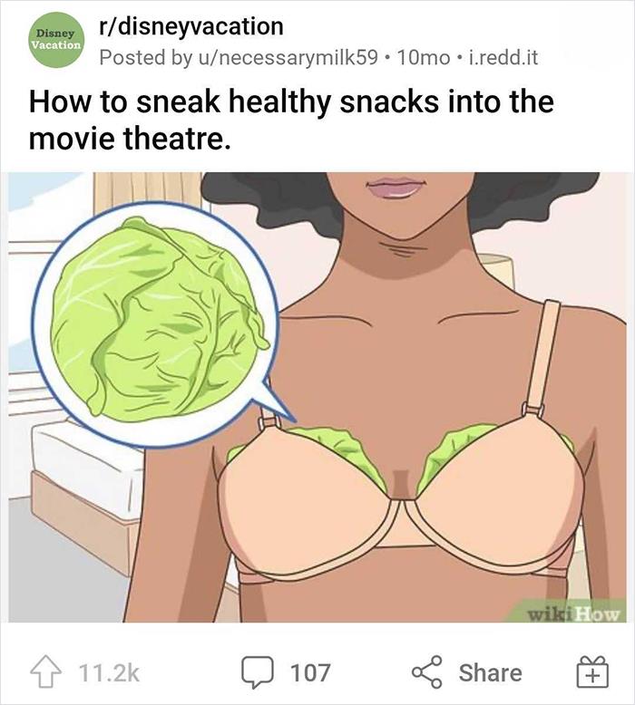 WikiHow image with humorous caption about sneaking lettuce in a bra for snacks.