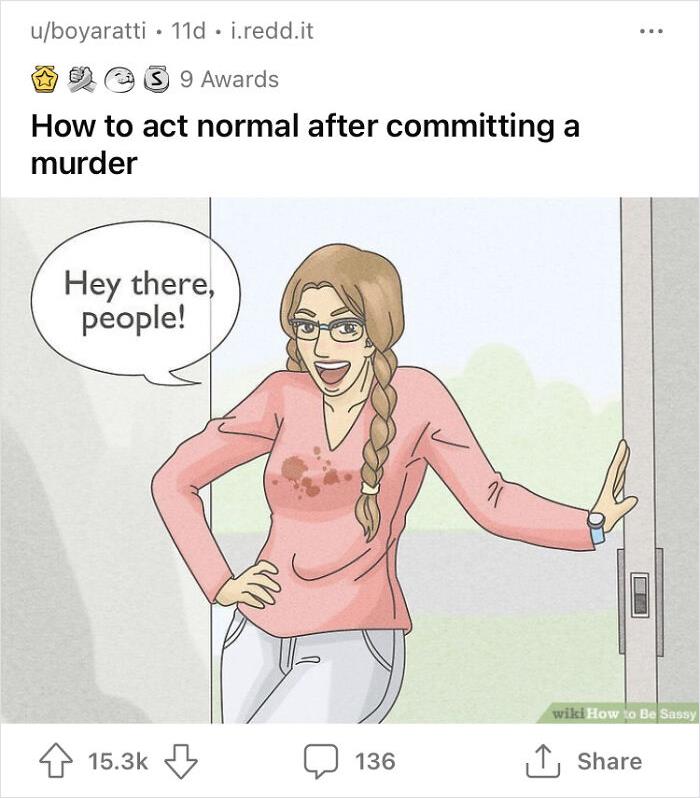 WikiHow image with a woman greeting, humorous and dark caption added.