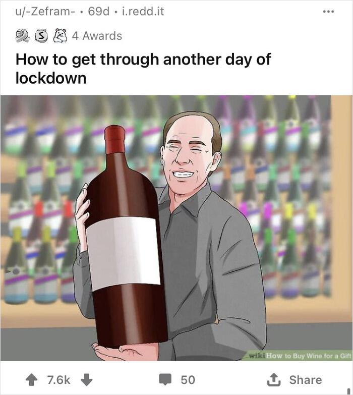 A smiling man in a WikiHow illustration holding an oversized wine bottle, with humorous text about lockdown.