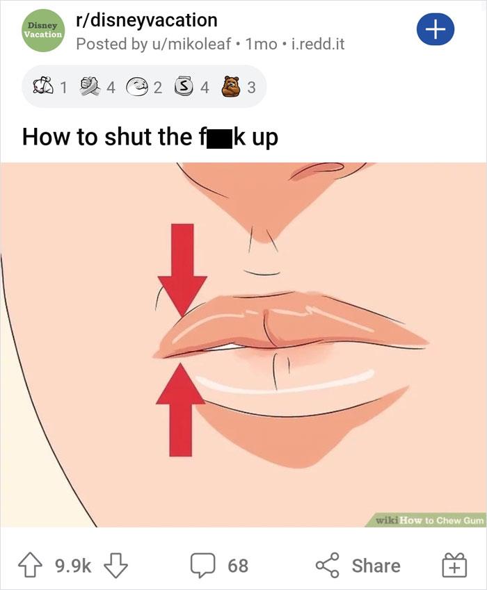 WikiHow image with lips and arrows, humorously captioned "How to shut the f[redacted] up" on a social media post.