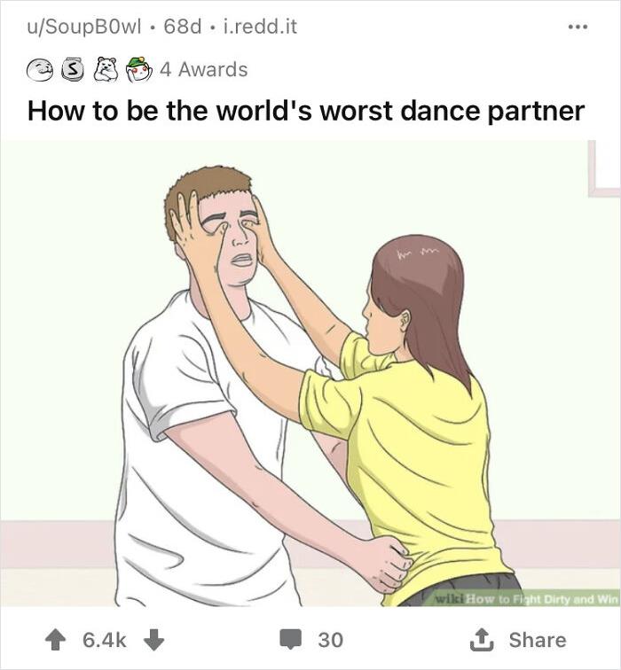 WikiHow image of a woman pushing a man's face labeled as "how to be the world's worst dance partner."