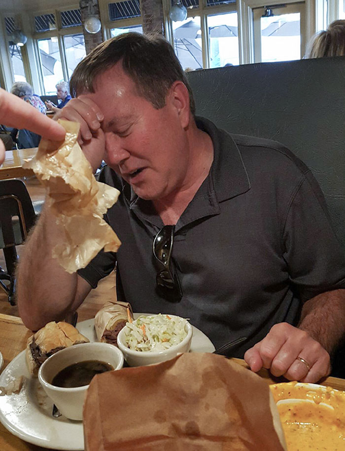 My Dad After Realizing He Ate Half His Sandwich With The Wrapper On