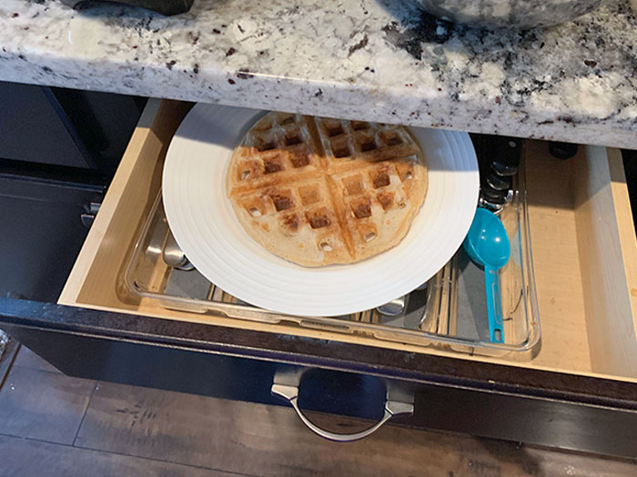 My Mom Swore She Already Made Me A Waffle, But We Couldn’t Find It. So She Made Another One And I Grabbed A Fork
