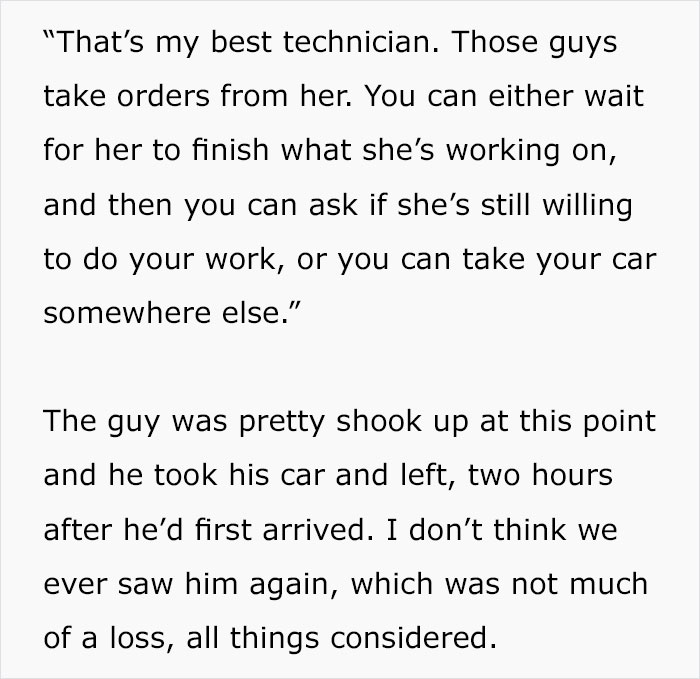 Customer Drives Into An Auto Repair Shop And Says He Doesn’t Want A “Chick” Touching His Car, Makes A Fool Of Himself Customer Drives Into An Auto Repair Shop And Says He Doesn’t Want A “Chick” Touching His Car, Makes A Fool Of Himself