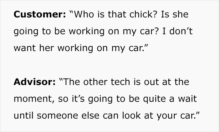 Customer Drives Into An Auto Repair Shop And Says He Doesn’t Want A “Chick” Touching His Car, Makes A Fool Of Himself Customer Drives Into An Auto Repair Shop And Says He Doesn’t Want A “Chick” Touching His Car, Makes A Fool Of Himself