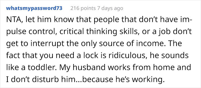 Unemployed Husband Keeps Interrupting His Working Wife With Requests And Chores, So She Installs A Lock, Sparks Family Drama