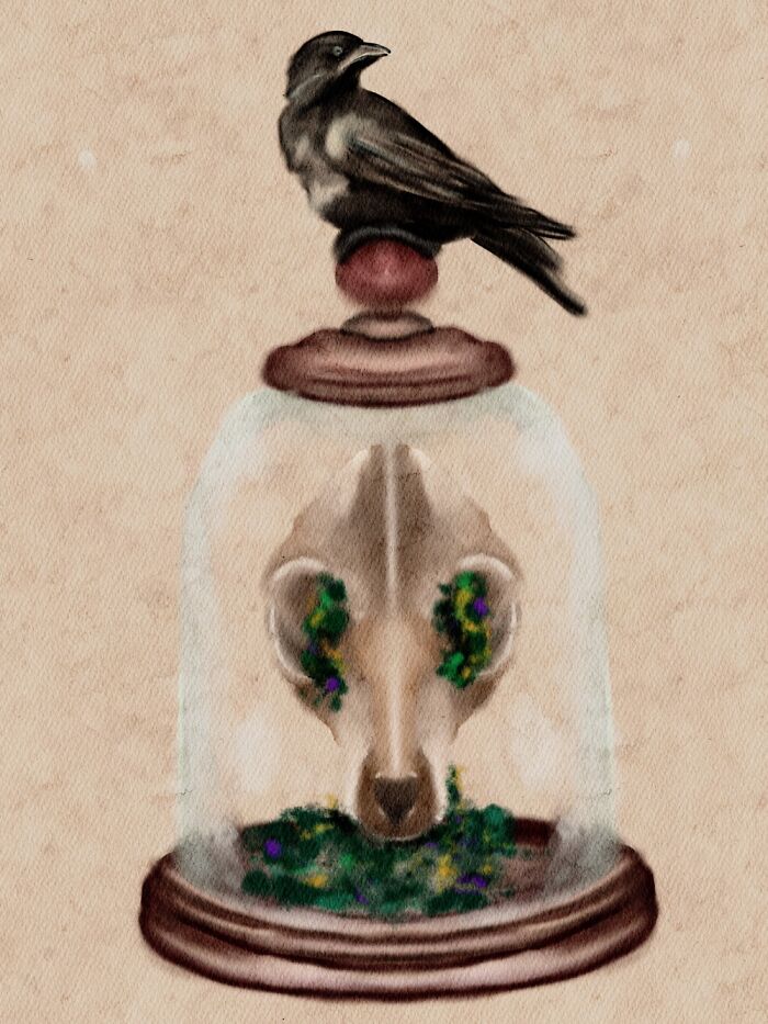 Halloween Watercolor Of Skulls, Animal Guardians, And Dangerous Moss