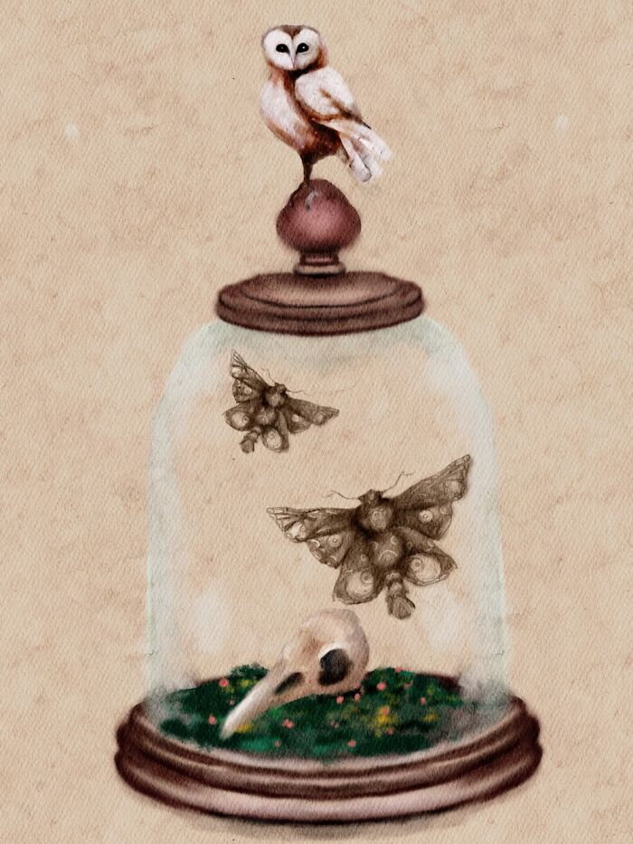 Halloween Watercolor Of Skulls, Animal Guardians, And Dangerous Moss