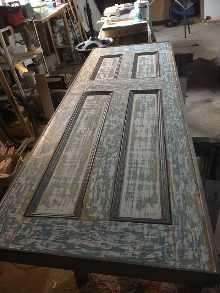 Kitchen Island Counter Top From An Old Door With Trim On The Outside Edges. Photo Pre-Install.