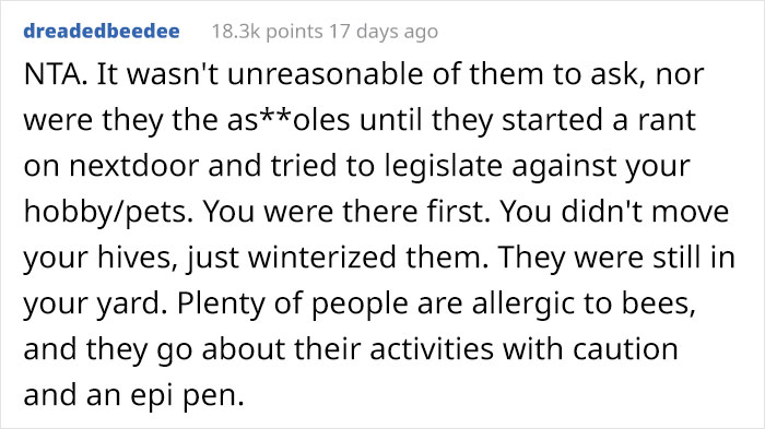 Neighbors Stand Up Against Beekeeper After They Refuse To Give Up Their Hobby For A Neighbor's Allergic Kid's Sake