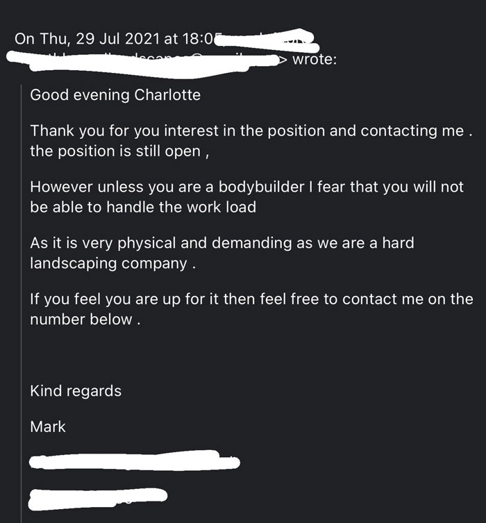 Woman Gets A Rejection Email From A Landscaping Company That Assumed She's Too Weak - Roasts Them In Her Response