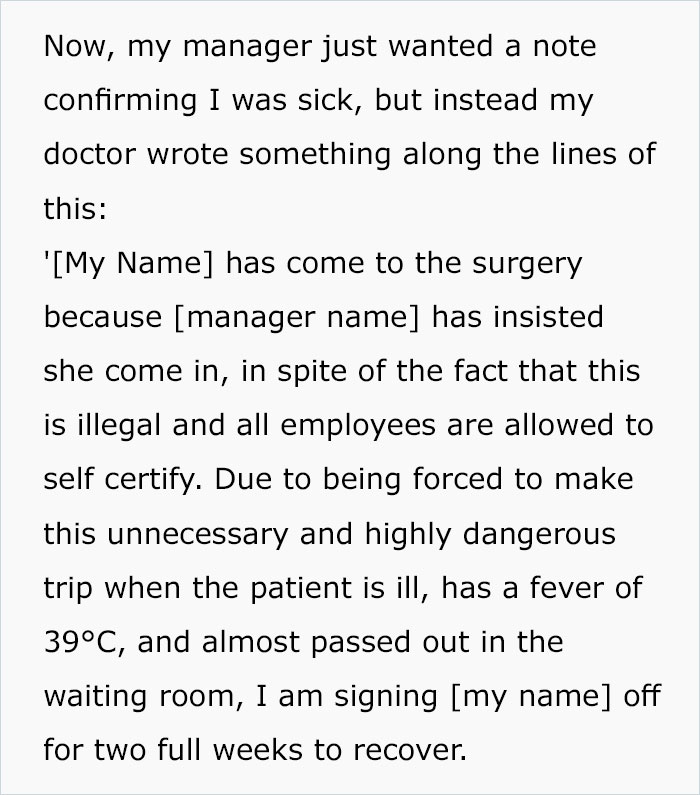 Doctor Writes "The Most Passive-Aggressive Note" To Sign Off An Employee For 2 Weeks Instead Of 2 Days After Her Jerk Manager Illegally Threatens To Fire Her