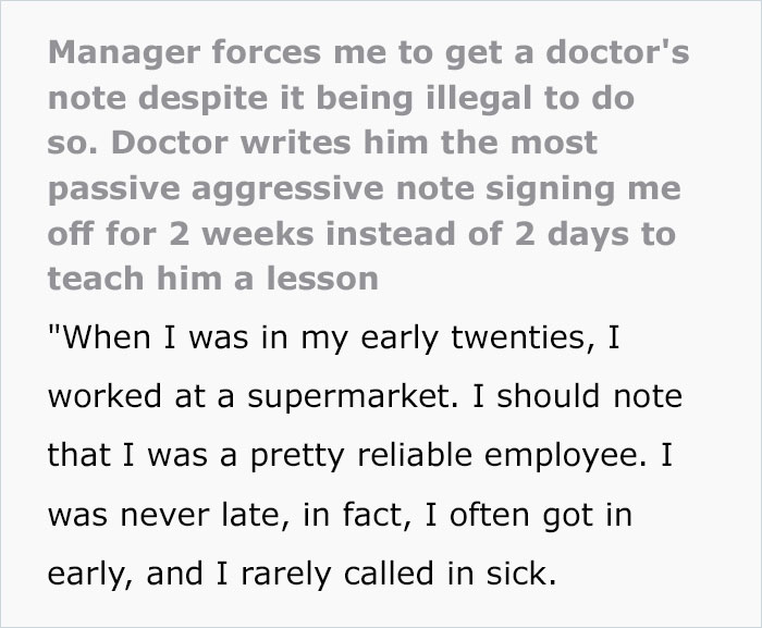 Doctor Writes "The Most Passive-Aggressive Note" To Sign Off An Employee For 2 Weeks Instead Of 2 Days After Her Jerk Manager Illegally Threatens To Fire Her Doctor Writes "The Most Passive-Aggressive Note" To Sign Off An Employee For 2 Weeks Instead Of 2 Days After Her Jerk Manager Illegally Threatens To Fire Her