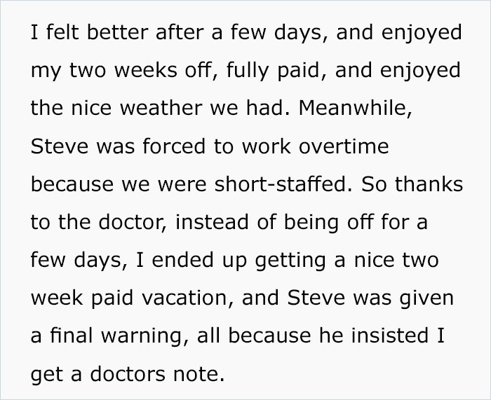Doctor Writes "The Most Passive-Aggressive Note" To Sign Off An Employee For 2 Weeks Instead Of 2 Days After Her Jerk Manager Illegally Threatens To Fire Her Doctor Writes "The Most Passive-Aggressive Note" To Sign Off An Employee For 2 Weeks Instead Of 2 Days After Her Jerk Manager Illegally Threatens To Fire Her