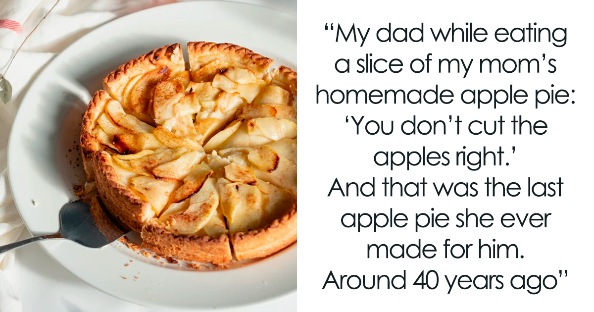Homemade apple pie on a plate with text about horrible things husbands have said to their wives.