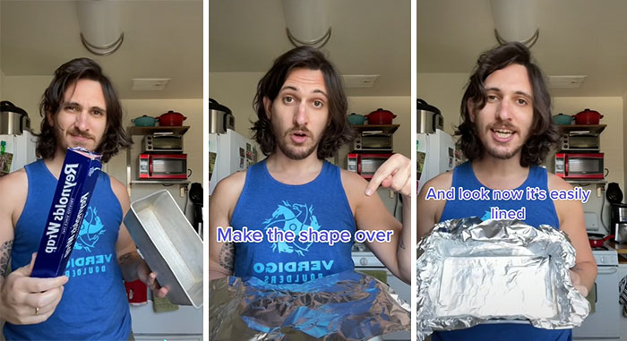 How To Line This(Bread Tin) With Foil. Flip The Pan Over. Spread Foil Over. Make The Shape Over. And Now It's Easily Lined