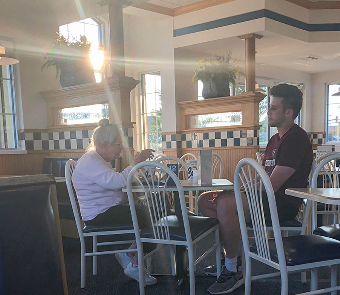 Young Man Comes In Alone, Sees The Older Lady Eating By Herself, Asks To Join Her. Instant Friends. This Is What Is Right In The World