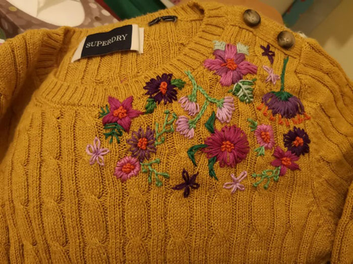 Does This Count? Spilt Pink Nail Polish On My Yellow Jumper, So I Covered It Up With Embroidery