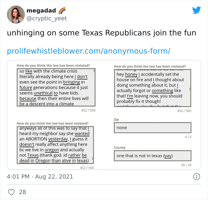 People Are Fighting Texas' Abortion Laws By Spamming The Anti-Abortion Tip Line Website In Masterful Ways People Are Fighting Texas' Abortion Laws By Spamming The Anti-Abortion Tip Line Website In Masterful Ways