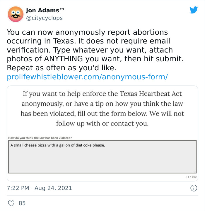 People Are Fighting Texas' Abortion Laws By Spamming The Anti-Abortion Tip Line Website In Masterful Ways