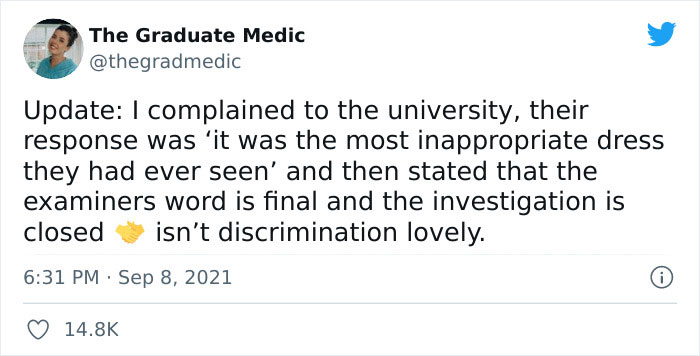 Med Student Was Penalized By Examiners For 'The Most Inappropriate Dress They Had Ever Seen' Med Student Was Penalized By Examiners For 'The Most Inappropriate Dress They Had Ever Seen'
