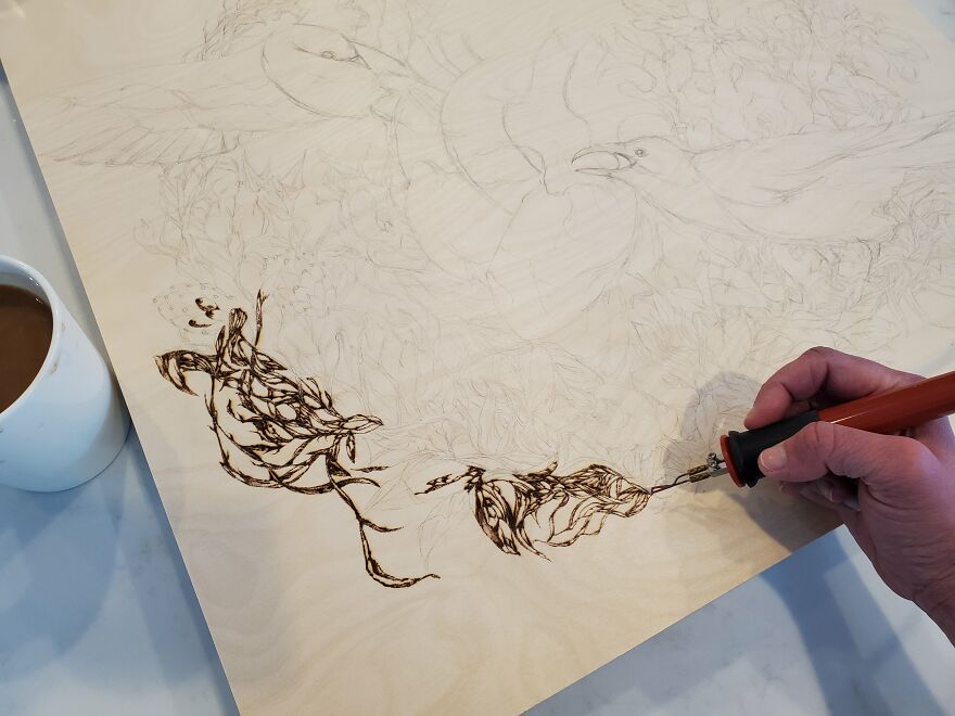 I Wood Burned Intricate Panel With Anatomical Heart And Birds