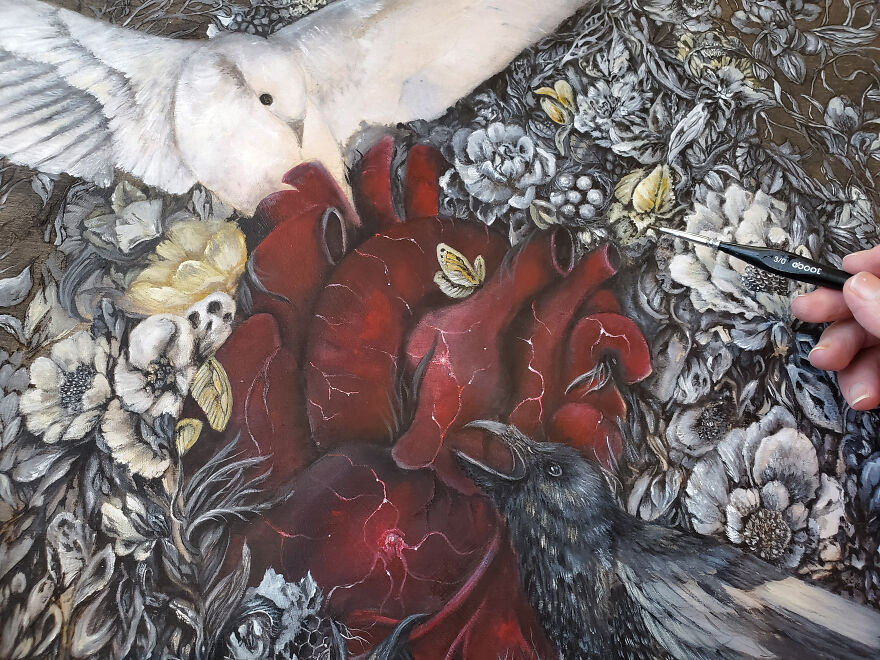 I Wood Burned Intricate Panel With Anatomical Heart And Birds